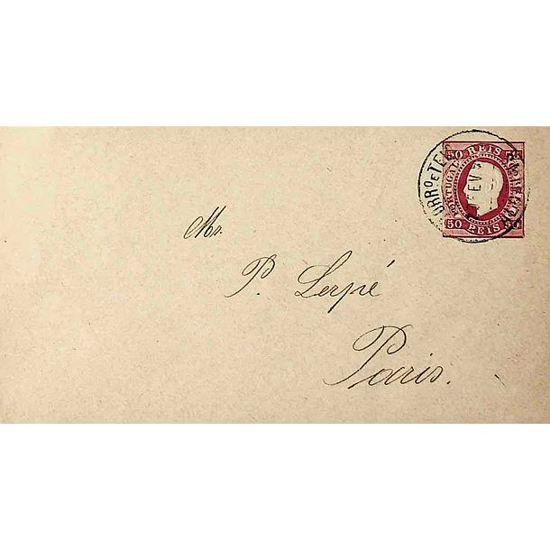 189? Sobrescrito Inteiro D. Luís Fita Direita 50 r. Rosa enviado de Alcains para Paris, França
