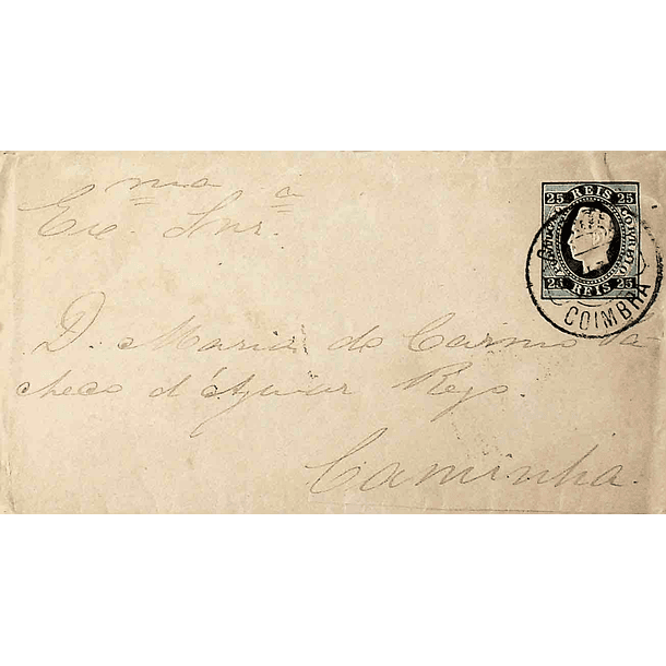 188? Sobrescrito Inteiro D. Luís Fita Direita 25 r. Azul enviado de Coimbra para Caminha