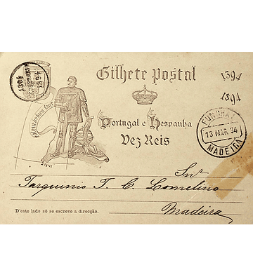 1894 Portugal Bilhete Postal Inteiro V Centenário do Nascimento do Infante D. Henrique enviado para a Madeira