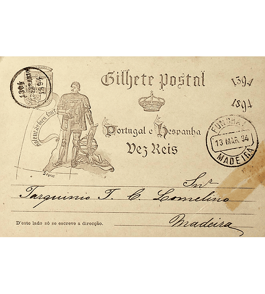 1894 Portugal Bilhete Postal Inteiro V Centenário do Nascimento do Infante D. Henrique enviado para a Madeira