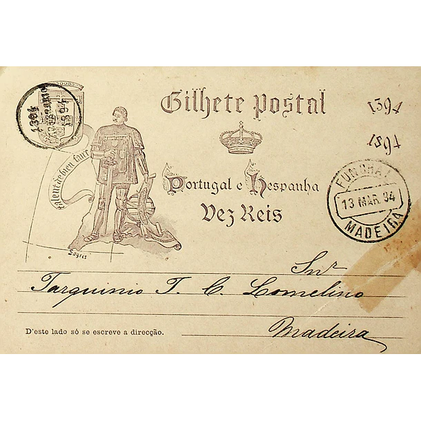 1894 Bilhete Postal Inteiro V Centenário do Nascimento do Infante D. Henrique enviado para a Madeira