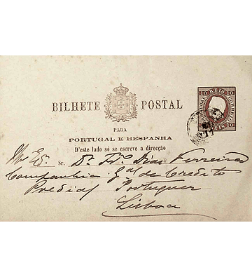 1882 Portugal Bilhete Postal Inteiro D. Luís Fita Direita 10 r. Castanho-Vermelho enviado de Lamego (?) para Lisboa