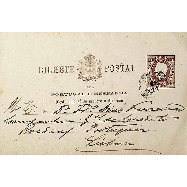 1882 Bilhete Postal Inteiro D. Luís Fita Direita 10 r. Castanho-Vermelho enviado de Lamego para Lisboa