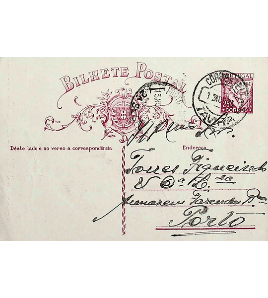 1933 Inteiro Postal tipo «Lusíadas» 25 r. rosa enviado de Tavira para o Porto