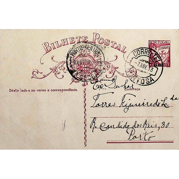 1933 Bilhete Postal Inteiro «Lusíadas» 25 r. rosa enviado da Murtosa para o Porto