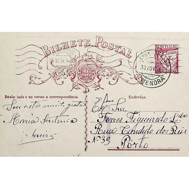 1934 Bilhete Postal Inteiro «Lusíadas» 25 r. rosa enviado de Almendra (Vila Nova de Foz Côa) para o Porto