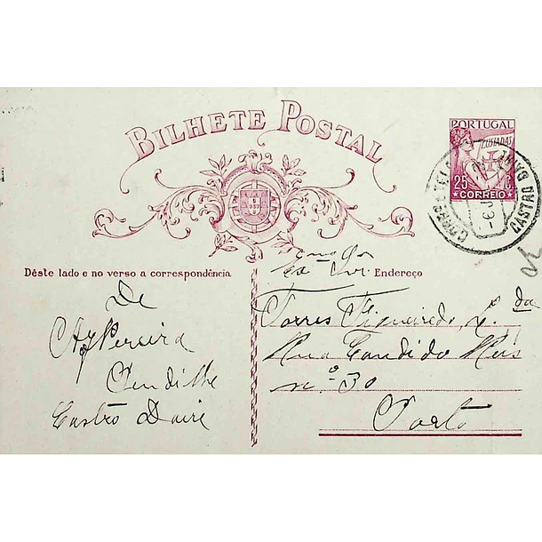 1933 Bilhete Postal Inteiro «Lusíadas» 25 r. rosa enviado de Castro Daire para o Porto
