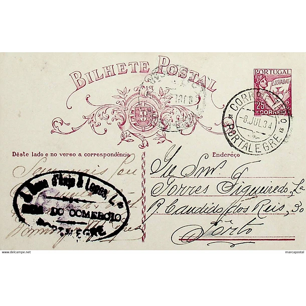 1934 Bilhete Postal Inteiro «Lusíadas» 25 r. rosa enviado de Portalegre para o Porto