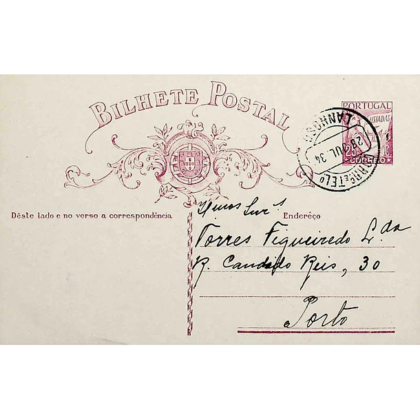 1934 Bilhete Postal Inteiro «Lusíadas» 25 r. rosa enviado da Póvoa do Lanhoso para o Porto