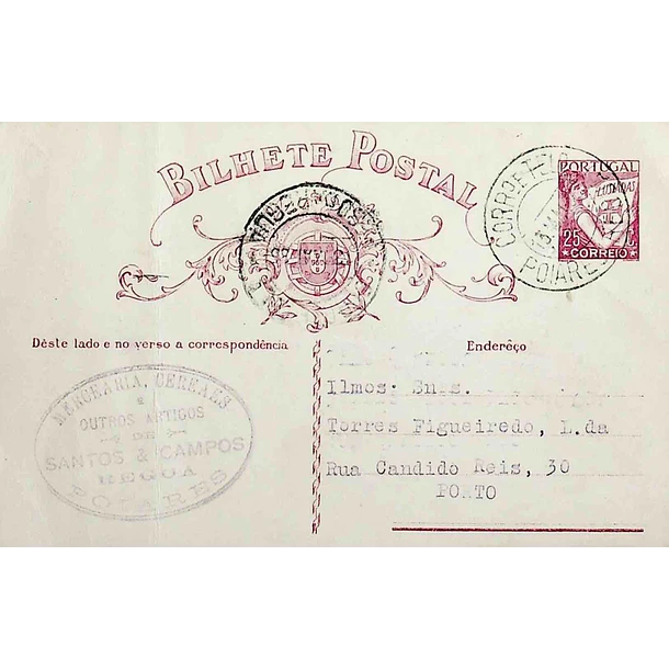 1935 Bilhete Postal Inteiro «Lusíadas» 25 r. rosa enviado de Poiares para o Porto