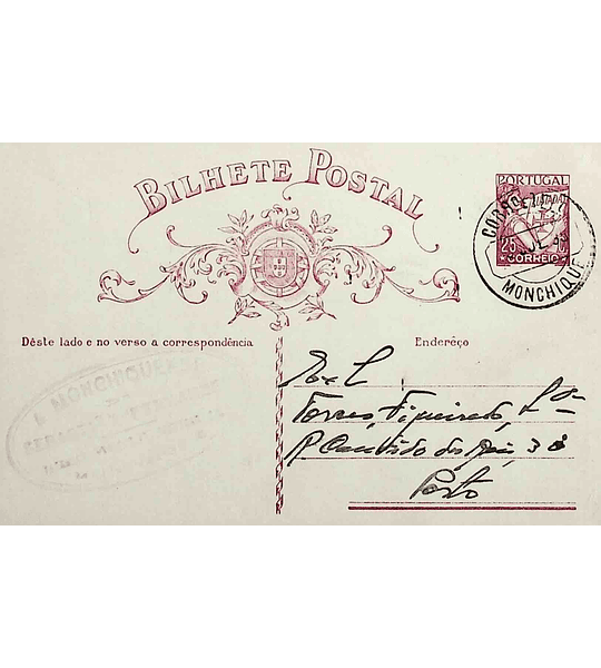 1935 Inteiro Postal tipo «Lusíadas» 25 r. rosa enviado de Monchique para o Porto