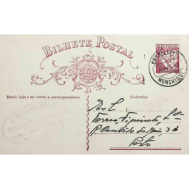 1935 Bilhete Postal Inteiro «Lusíadas» 25 r. rosa enviado de Monchique para o Porto
