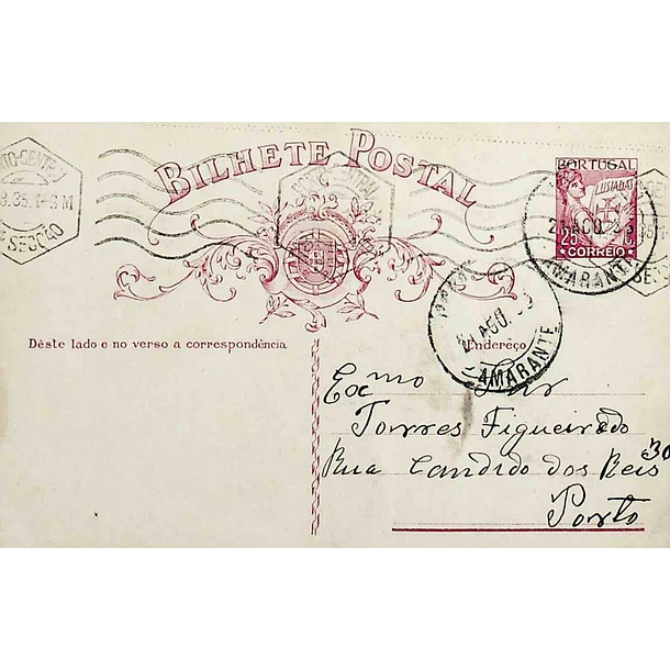 1935 Bilhete Postal Inteiro «Lusíadas» 25 r. rosa enviado de Amarante para o Porto