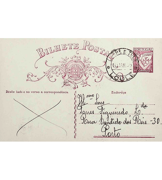 1935 Inteiro Postal tipo «Lusíadas» 25 r. rosa enviado de Loulé para o Porto