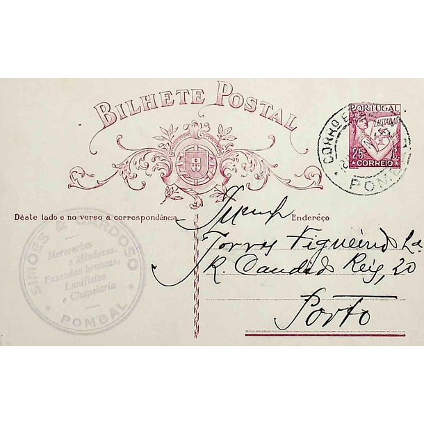 1935 Bilhete Postal Inteiro «Lusíadas» 25 r. rosa enviado de Pombal para o Porto