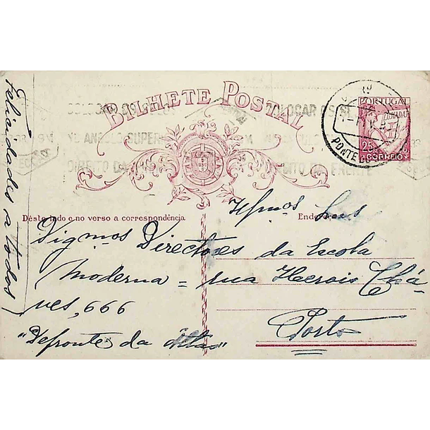 1933 Bilhete Postal Inteiro «Lusíadas» 25 r. rosa enviado de Ponte de Sor para o Porto