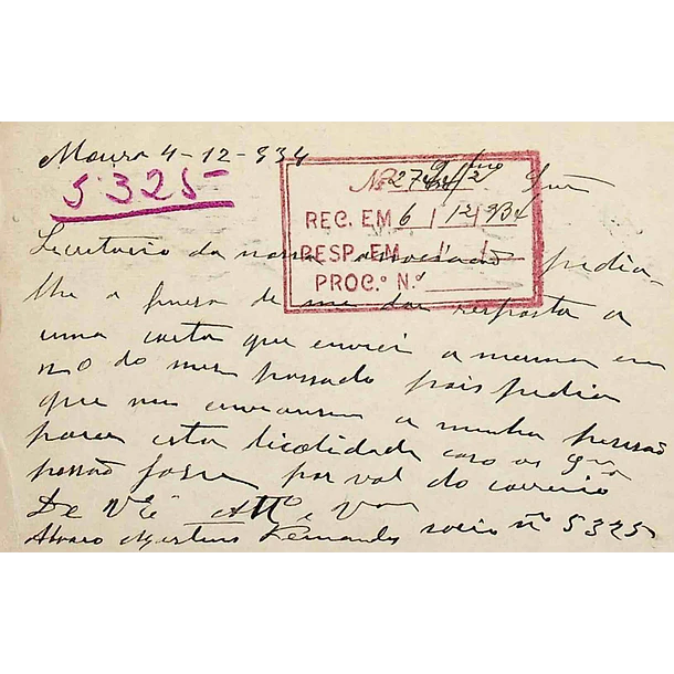 1934 Bilhete Postal Inteiro «Lusíadas» 25 r. rosa enviado de Moura para Lisboa