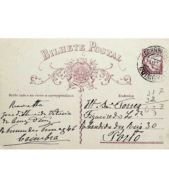 1934 Inteiro Postal tipo «Lusíadas» 25 r. rosa enviado de Coimbra para o Porto