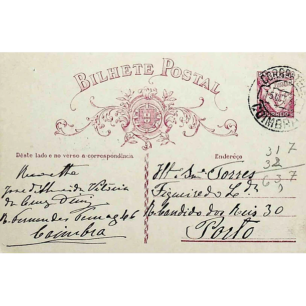 1934 Bilhete Postal Inteiro «Lusíadas» 25 r. rosa enviado de Coimbra para o Porto 1