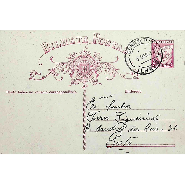 1933 Bilhete Postal Inteiro «Lusíadas» 25 r. rosa enviado de Ílhavo para o Porto