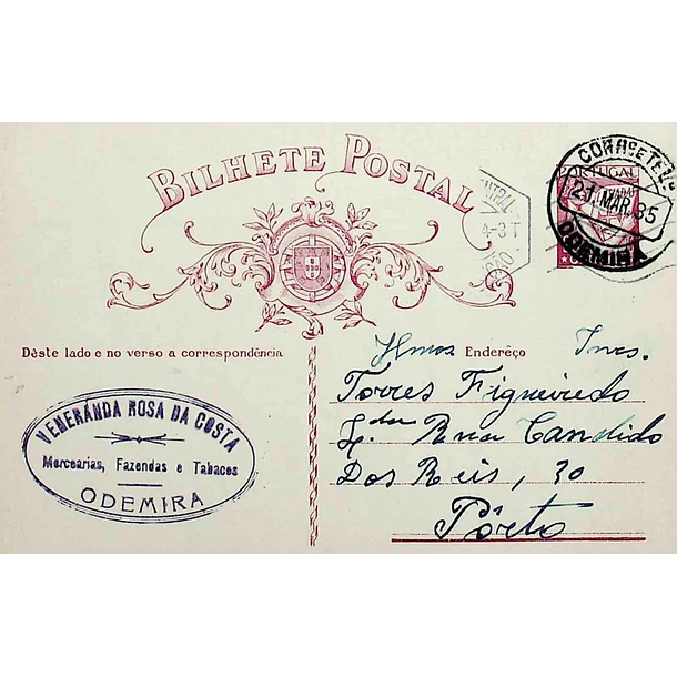1935 Bilhete Postal Inteiro «Lusíadas» 25 r. rosa enviado de Odemira para o Porto