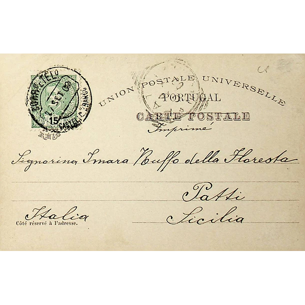 1900 Bilhete Postal Inteiro IV Centenário da Índia enviado de Castelo Branco para Patti, Sicília, Itália