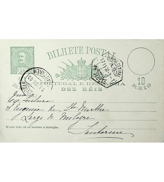 1900 Portugal Bilhete Postal Inteiro D. Carlos I 10 + 10 r. Verde enviado de Lisboa para Santarém