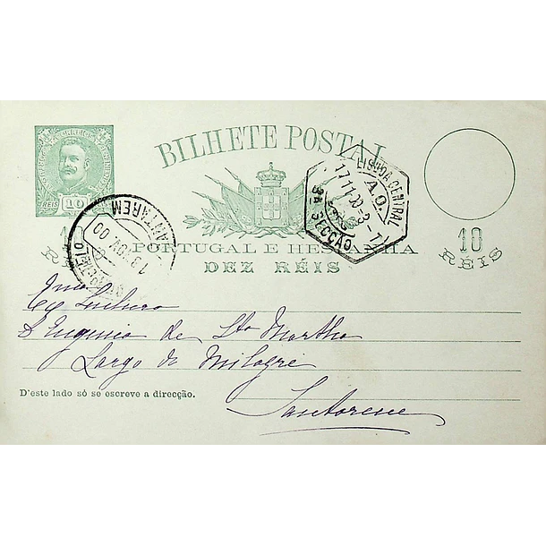 1900 Bilhete Postal Inteiro D. Carlos I 10 Verde enviado de Lisboa para Santarém