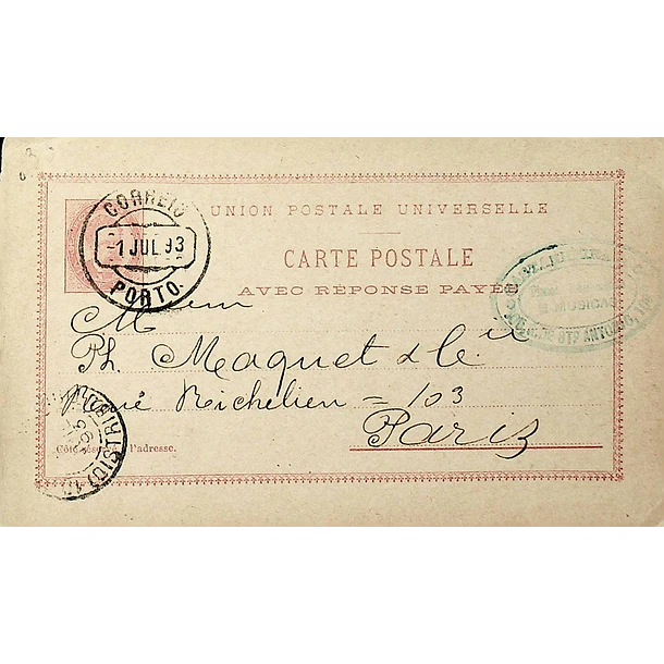 1893 Bilhete Postal Inteiro D. Luís Resposta Paga 20 + 20 r. Rosa Claro enviado do Porto para Paris
