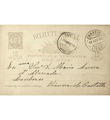 1891 Portugal Bilhete Postal Inteiro D. Luís 10 + 10 r. Castanho enviado de Lisboa para Viana do Castelo