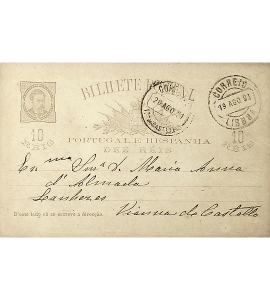 1891 Portugal Bilhete Postal Inteiro D. Luís 10 + 10 r. Castanho enviado de Lisboa para Viana do Castelo