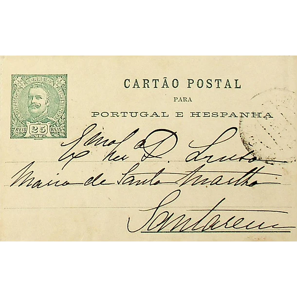 1902 Cartão Postal Inteiro D. Carlos I 25 r. Verde enviado para Santarém