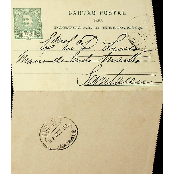 1902 Cartão Postal Inteiro D. Carlos I 25 r. Verde enviado para Santarém