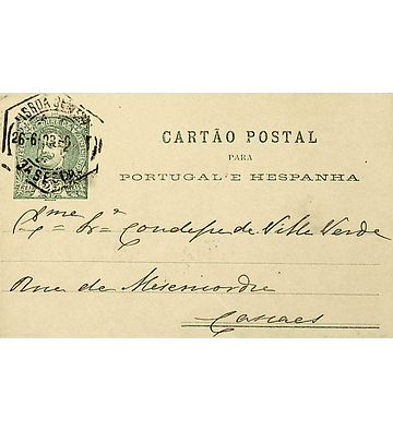 1903 Portugal Cartão Postal Inteiro D. Carlos I 25 r. Verde enviado de Lisboa para Cascais