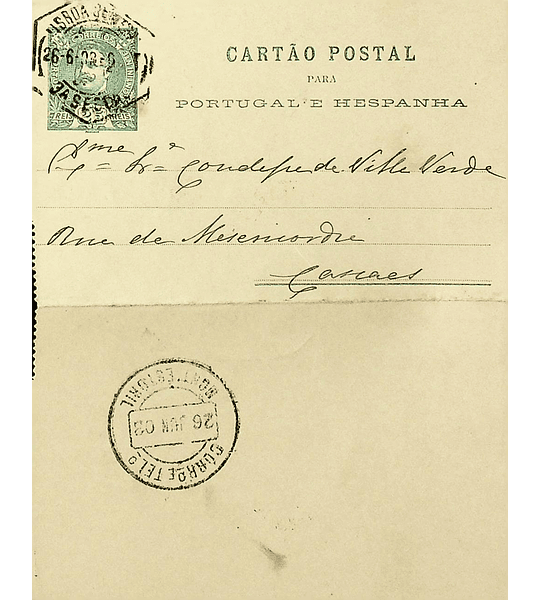 1903 Portugal Cartão Postal Inteiro D. Carlos I 25 r. Verde enviado de Lisboa para Cascais