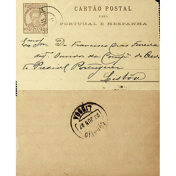 1887 Cartão Postal Inteiro D. Luís 25 r. Castanho enviado de Vila Real para Lisboa