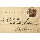 1912 Bilhete-Carta Inteiro D. Manuel II c7 sobrecarga «REPUBLICA» 25 r. Castanho enviado para Santarém 1