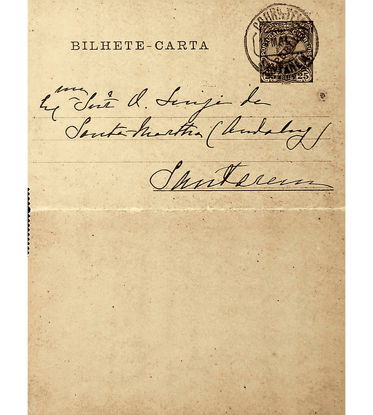 1912 Portugal Bilhete-Carta Inteiro D. Manuel II c7 sobrecarga «REPUBLICA» 25 r. Castanho enviado para Santarém