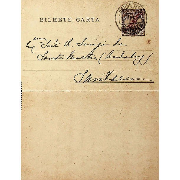 1912 Bilhete-Carta Inteiro D. Manuel II c7 sobrecarga «REPUBLICA» 25 r. Castanho enviado para Santarém