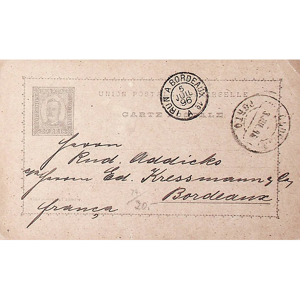 1896 Bilhete Postal Inteiro D. Carlos Cinzento-violeta 20 r. enviado do Porto para Bordéus, França
