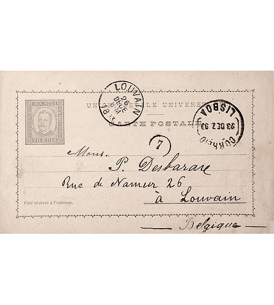 1893 Portugal Bilhete Postal Inteiro D. Carlos Cinzento-violeta 20 r. enviado de Lisboa para Lovaina, na Bélgica