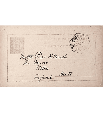 1896 Portugal Bilhete Postal Inteiro D. Carlos Cinzento-violeta 20 r. enviado de Lisboa para Herts, Inglaterra