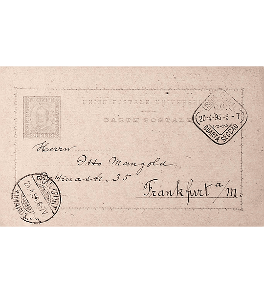 1896 Portugal Bilhete Postal Inteiro D. Carlos Cinzento-violeta 20 r. enviado de Lisboa para Frankfurt, Alemanha