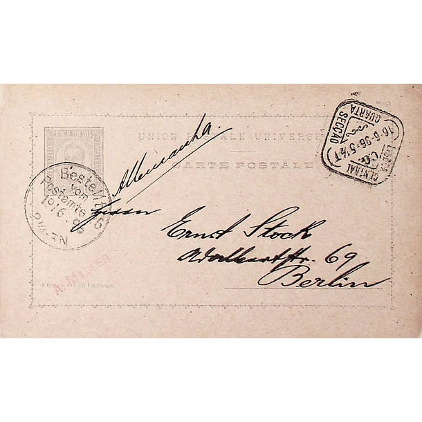 1896 Bilhete Postal Inteiro D. Carlos Cinzento-violeta 20 r. enviado de Lisboa para Berlim, Alemanha
