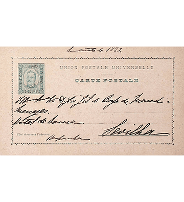 1892 Portugal Bilhete Postal Inteiro D. Carlos Cinzento-violeta 30 r. enviado para Sevilha / Sevilla, Espanha