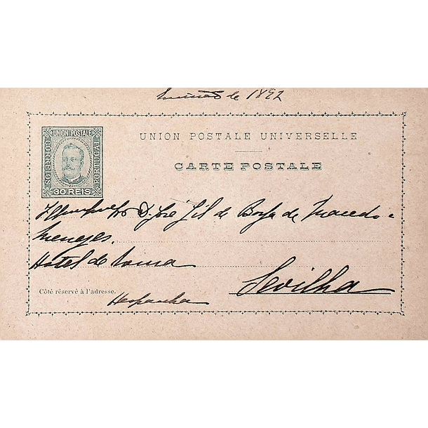 1892 Bilhete Postal Inteiro D. Carlos Cinzento-violeta 30 r. enviado para Sevilha