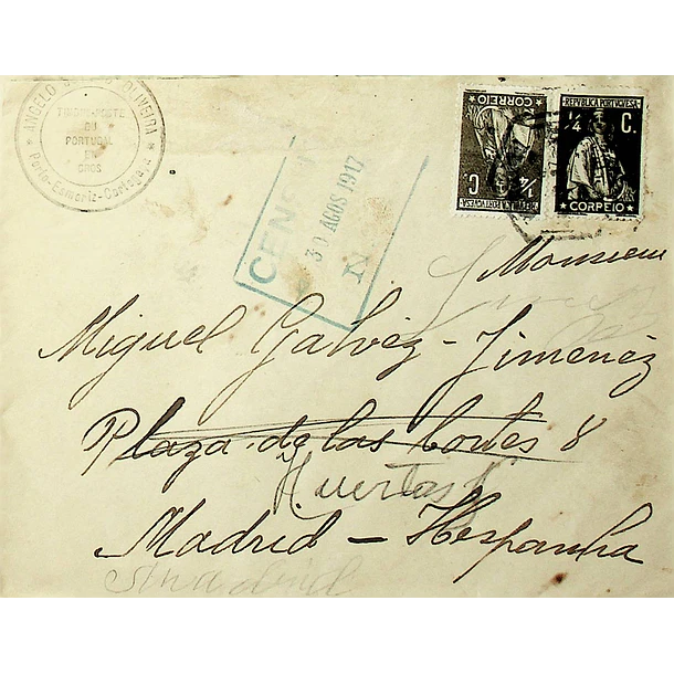 1917 Censura Postal 1ª Guerra Mundial Carta enviada do Porto para Madrid