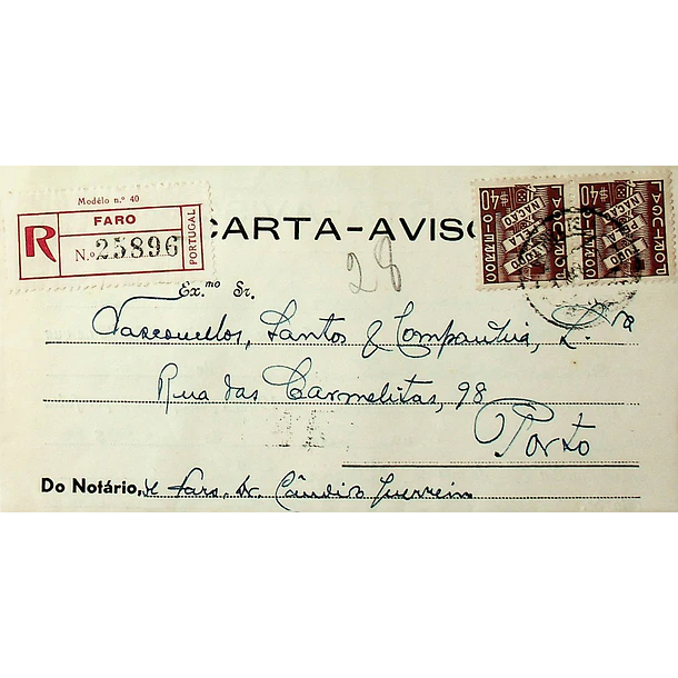 1937 Carta Registada de Faro para o Porto