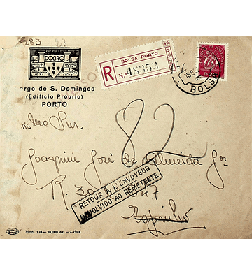 Portugal 1944 Carta Registada do Porto para Espinho