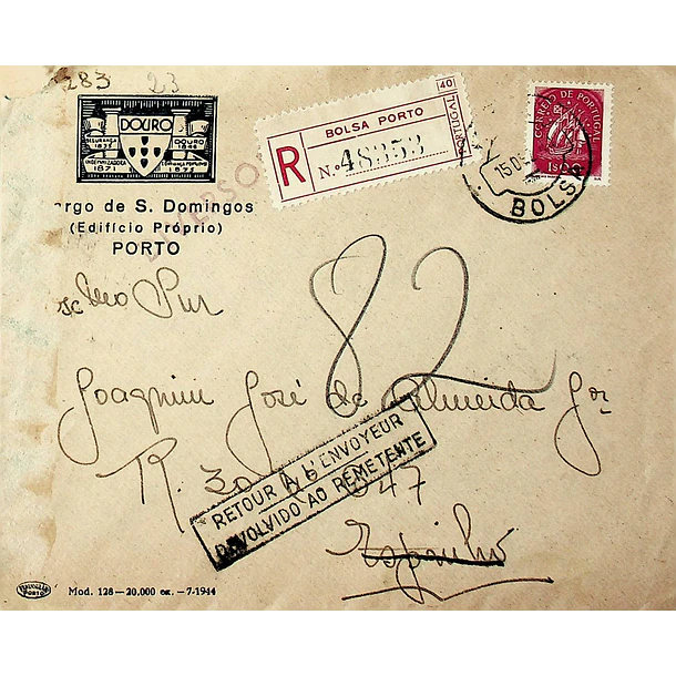 1944 Carta Registada do Porto para Espinho